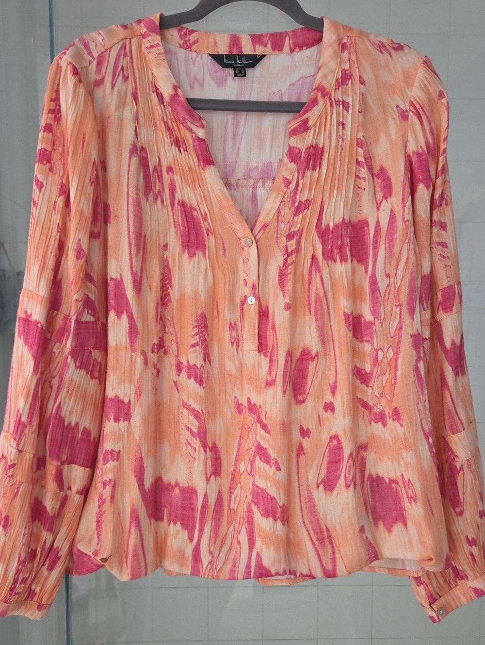 Nicole Miller Pink and Peach Abstract V-Neck Blouse